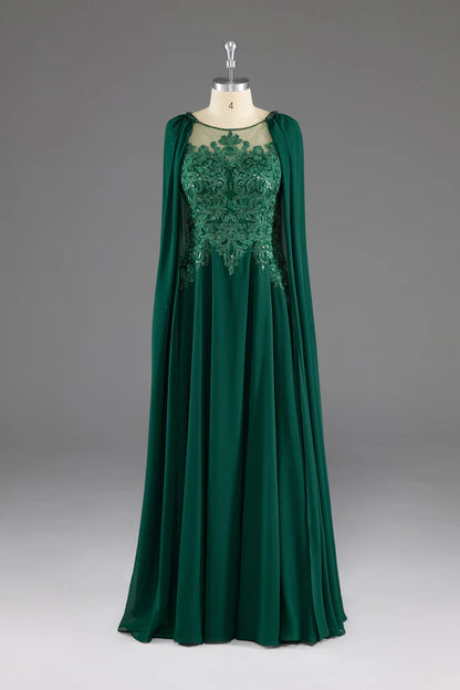 Dark Green A-Line Lace Appliques Chiffon Prom Dress