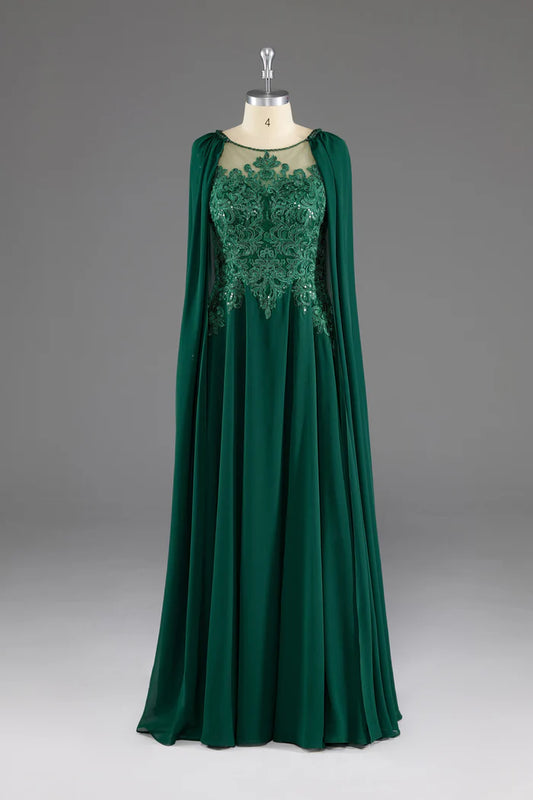 Dark Green A-Line Lace Appliques Chiffon Prom Dress