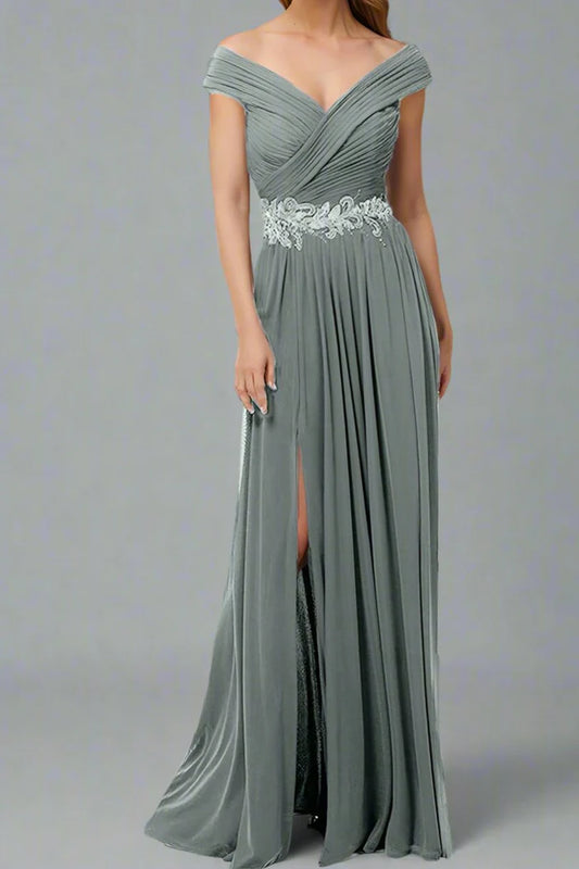 A-Line V Neck Off The Shoulder Sleeveless Mother of The Bride Dresses