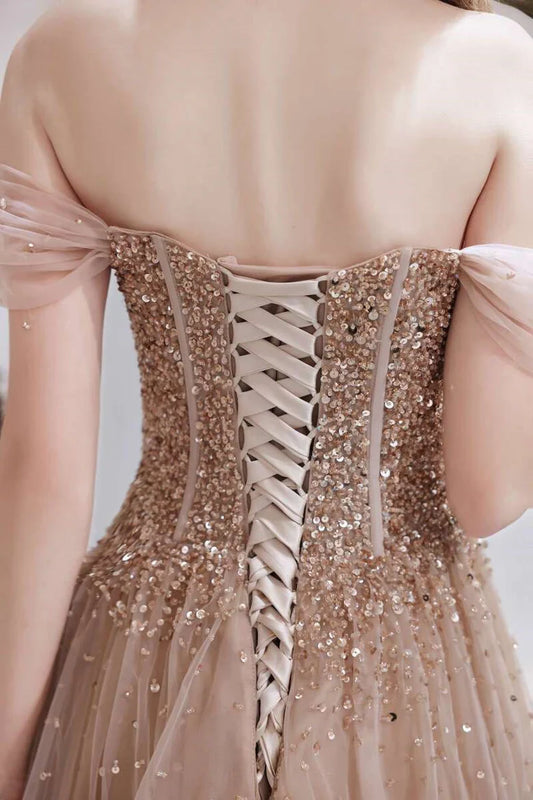 A-Line Champagne Tulle Off-the-Shoulder Prom Dress with Sequins