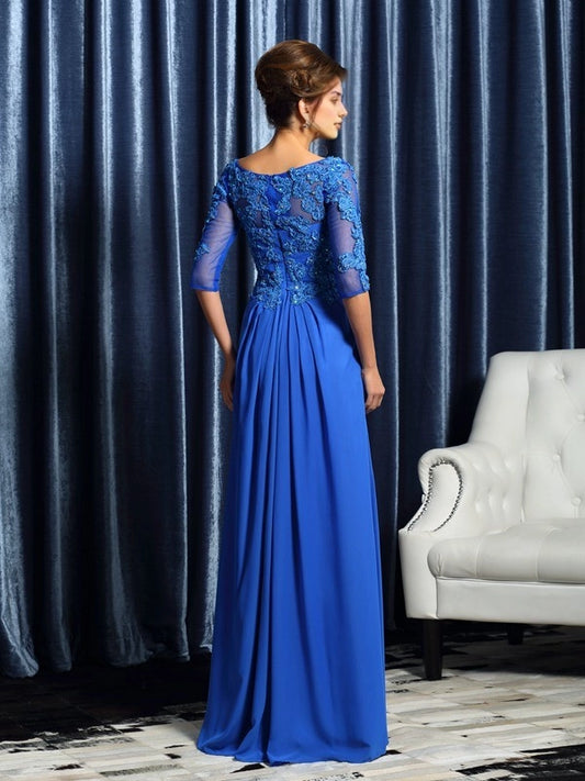 A-Line Chiffon Bateau 1/2 Sleeves Floor-Length With Beading Mother of the Bride Dresses