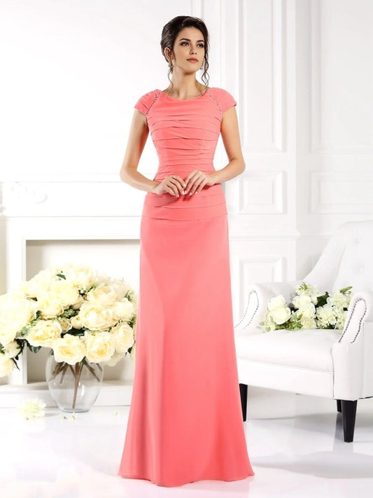 A-Line Chiffon Bateau Short Sleeves Floor-Length With Ruched Mother of the Bride Dresses