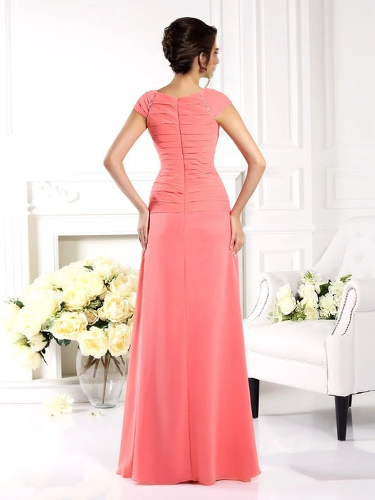 A-Line Chiffon Bateau Short Sleeves Floor-Length With Ruched Mother of the Bride Dresses