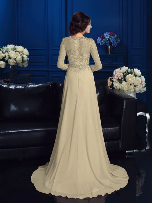 A-Line Chiffon Scoop Long Sleeves Sweep/Brush Train With Beading Mother of the Bride Dresses