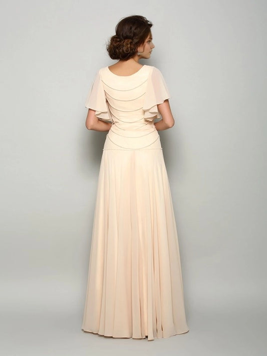 A-Line Chiffon Square Short Sleeves Floor-Length With Beading Mother of the Bride Dresses