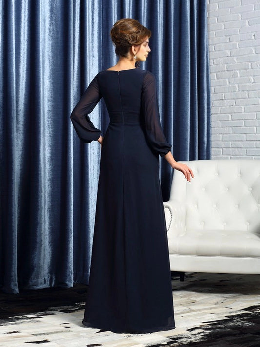 A-Line Chiffon V-neck Long Sleeves Floor-Length With Beading Mother of the Bride Dresses