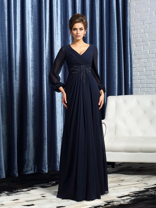 A-Line Chiffon V-neck Long Sleeves Floor-Length With Beading Mother of the Bride Dresses