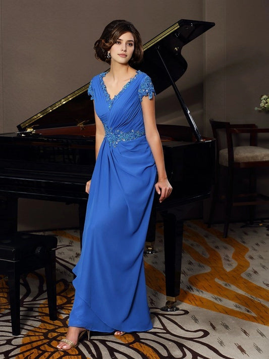A-Line Chiffon V-neck Short Sleeves Floor-Length With Beading Mother of the Bride Dresses