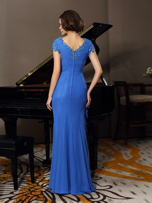 A-Line Chiffon V-neck Short Sleeves Floor-Length With Beading Mother of the Bride Dresses