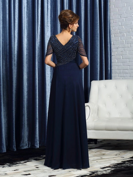 A-Line Chiffon V-neck Short Sleeves Floor-Length With Beading Mother of the Bride Dresses