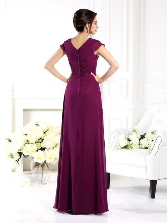 A-Line Chiffon V-neck Short Sleeves Floor-Length With Beading Mother of the Bride Dresses