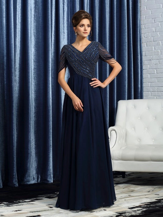 A-Line Chiffon V-neck Short Sleeves Floor-Length With Beading Mother of the Bride Dresses
