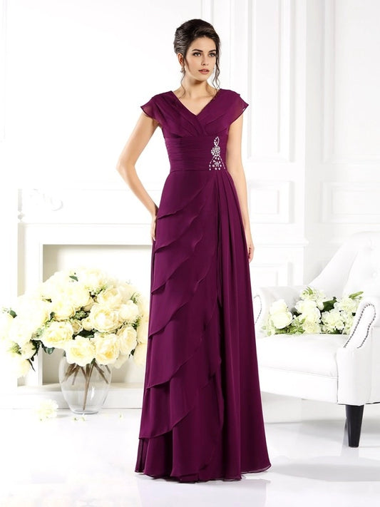 A-Line Chiffon V-neck Short Sleeves Floor-Length With Beading Mother of the Bride Dresses
