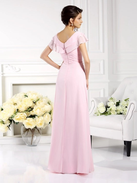 A-Line Chiffon V-neck Short Sleeves Floor-Length With Ruffles Mother of the Bride Dresses