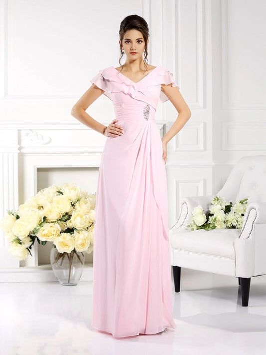 A-Line Chiffon V-neck Short Sleeves Floor-Length With Ruffles Mother of the Bride Dresses