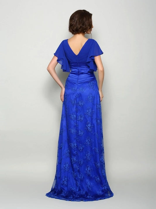 A-Line Chiffon V-neck Short Sleeves Sweep/Brush Train With Applique Mother of the Bride Dresses