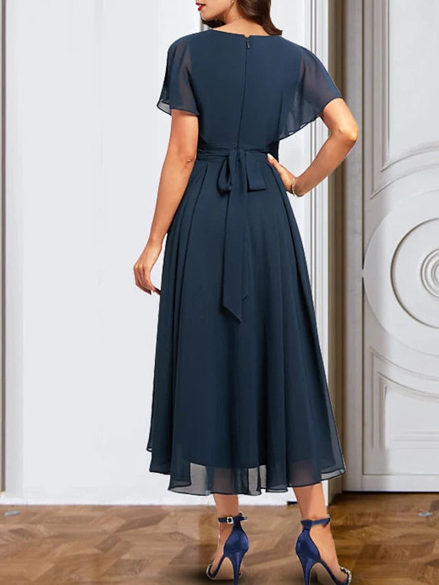 A-Line/Princess Chiffon V Neck Short Sleeves Mother of the Bride Dresses with Belt
