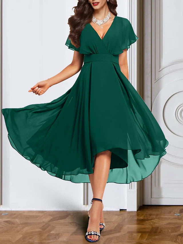 A-Line/Princess Chiffon V Neck Short Sleeves Mother of the Bride Dresses with Belt