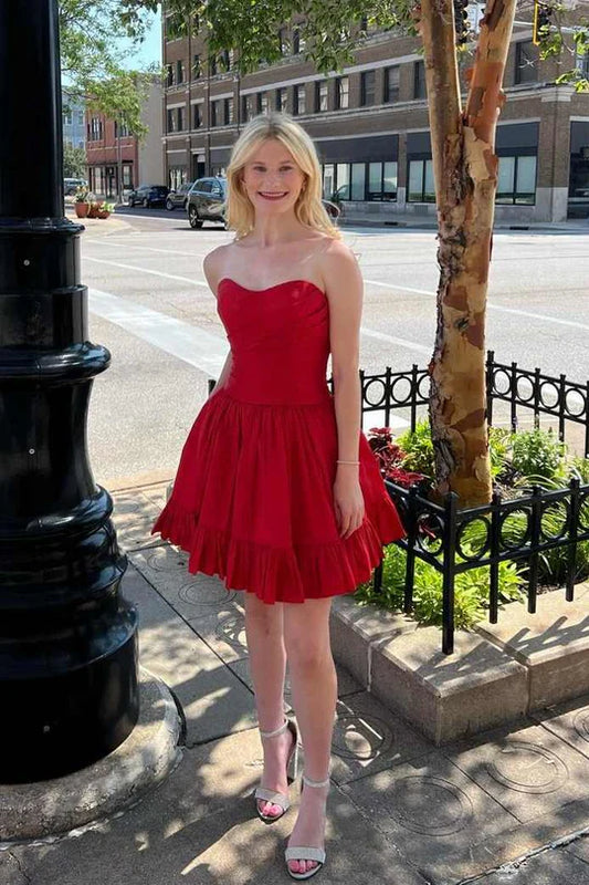 A-Line Empire-Waist Sleeveless Pleated Satin Short Homecoming Dress