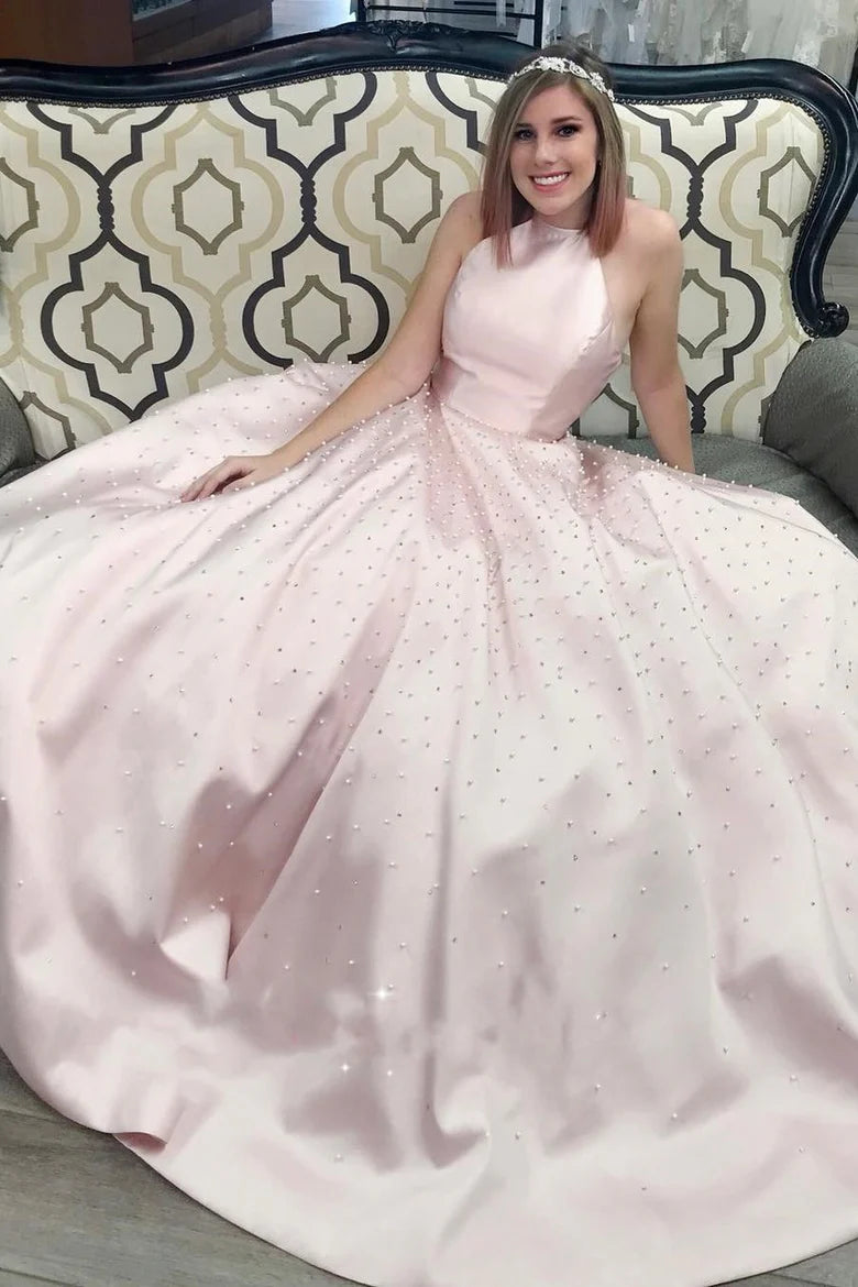 A-Line High Neck Empire-Waist Satin Beading Long Prom Dress