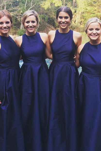 A-Line Jewel Floor-Length Navy Blue Sleeveless Satin Bridesmaid Dress