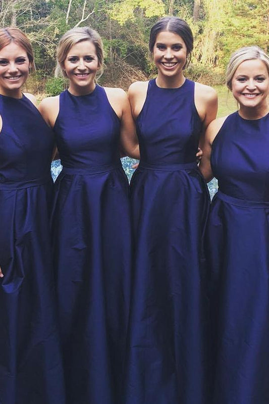 A-Line Jewel Floor-Length Navy Blue Sleeveless Satin Bridesmaid Dress