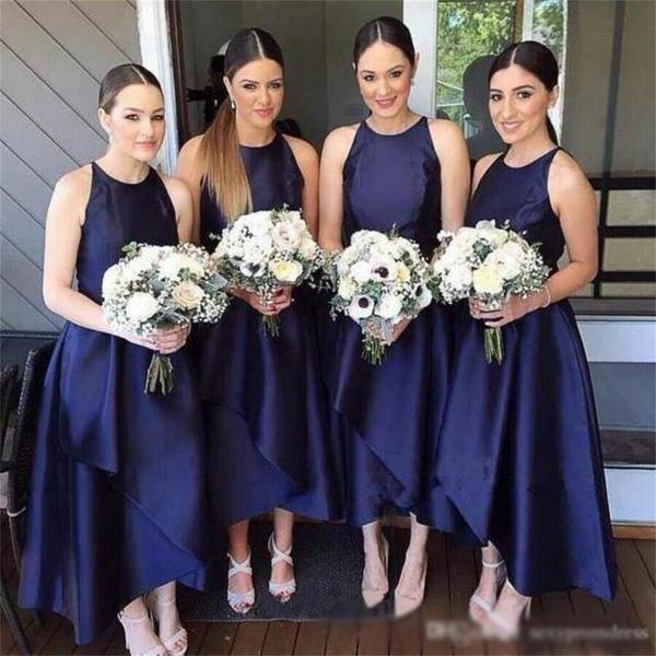 A-Line Jewel Floor-Length Navy Blue Sleeveless Satin Bridesmaid Dress