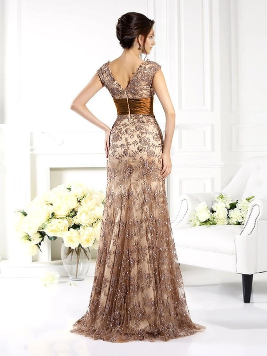 A-Line Lace V-neck Sleeveless Sweep/Brush Train With Ruffles Mother of the Bride Dresses