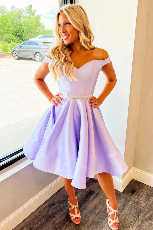 A-Line Lavender Off-the-Shoulder Short Homecoming Dress