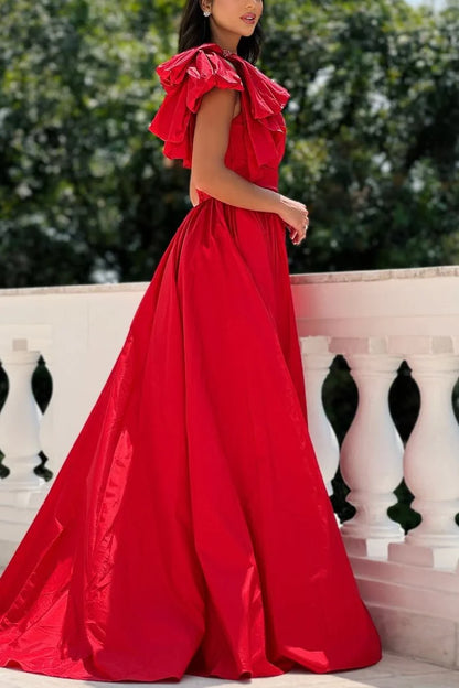 A-Line One Shoulder Satin Pleated High Slit Formal Prom Dress with Bow