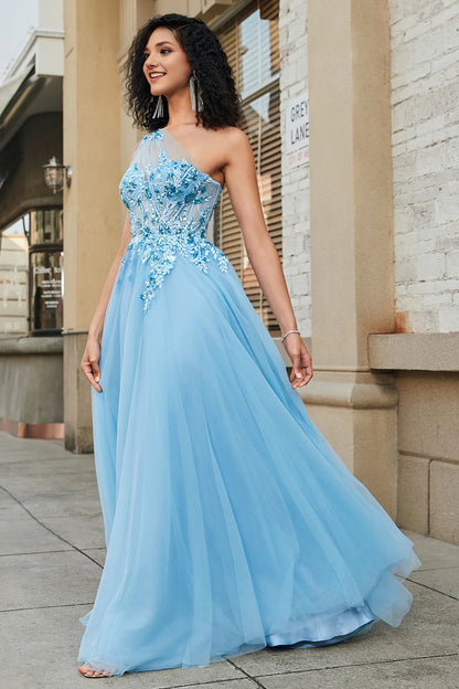 A-Line One Shoulder Sequin Light Blue Long Prom Dress with Appliques