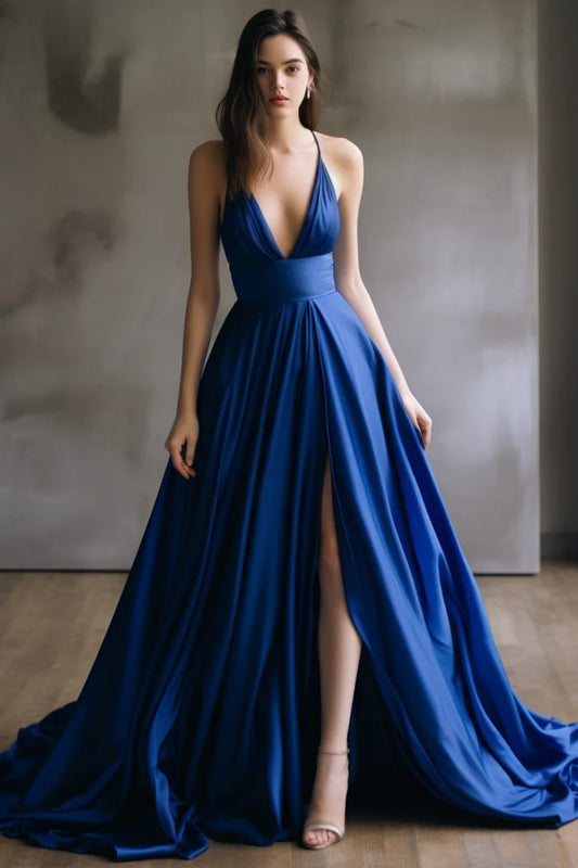 Thin Shoulder Strap Deep V Royal Blue Split Ball Dress