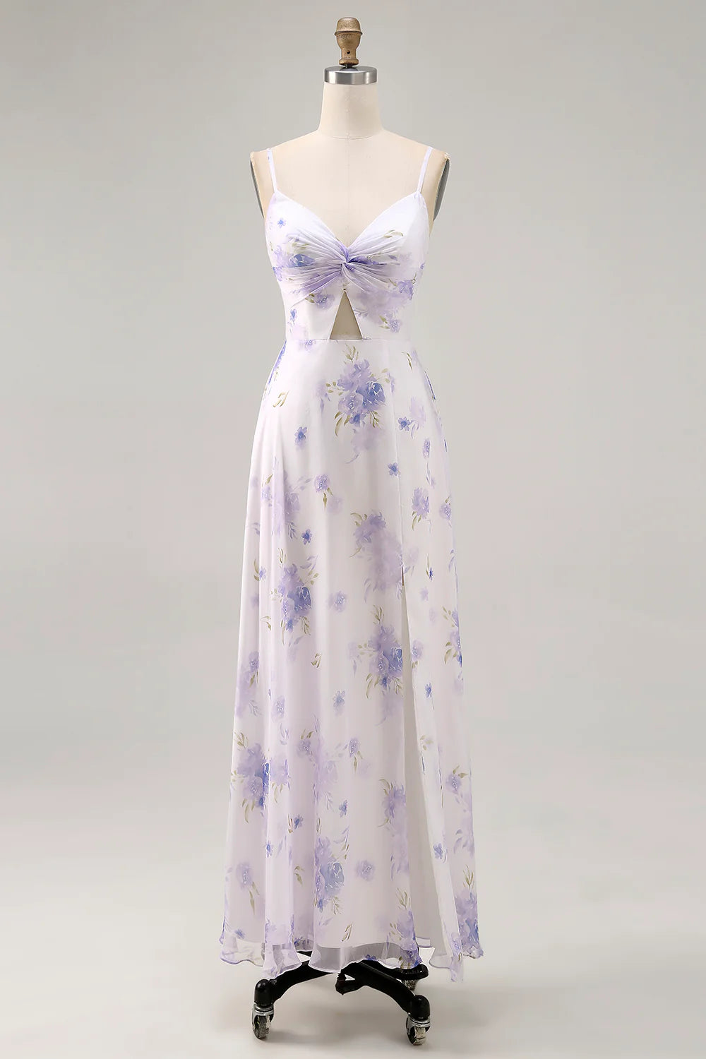 A-Line Spaghetti Straps Cut Out Lavender Floral Dress