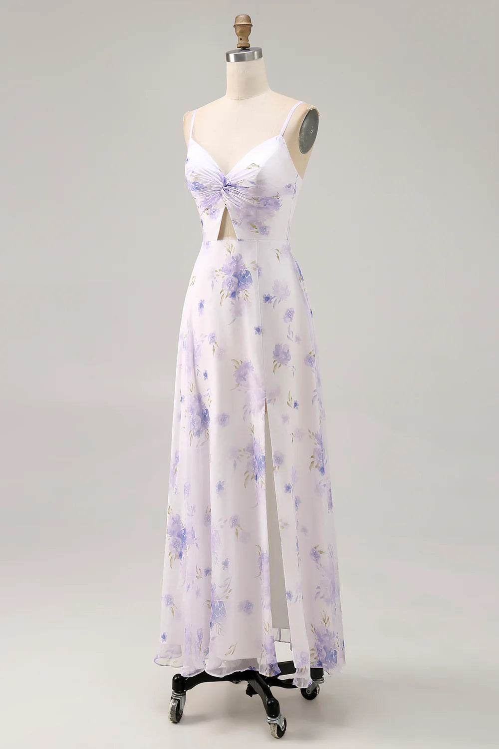 A-Line Spaghetti Straps Cut Out Lavender Floral Dress
