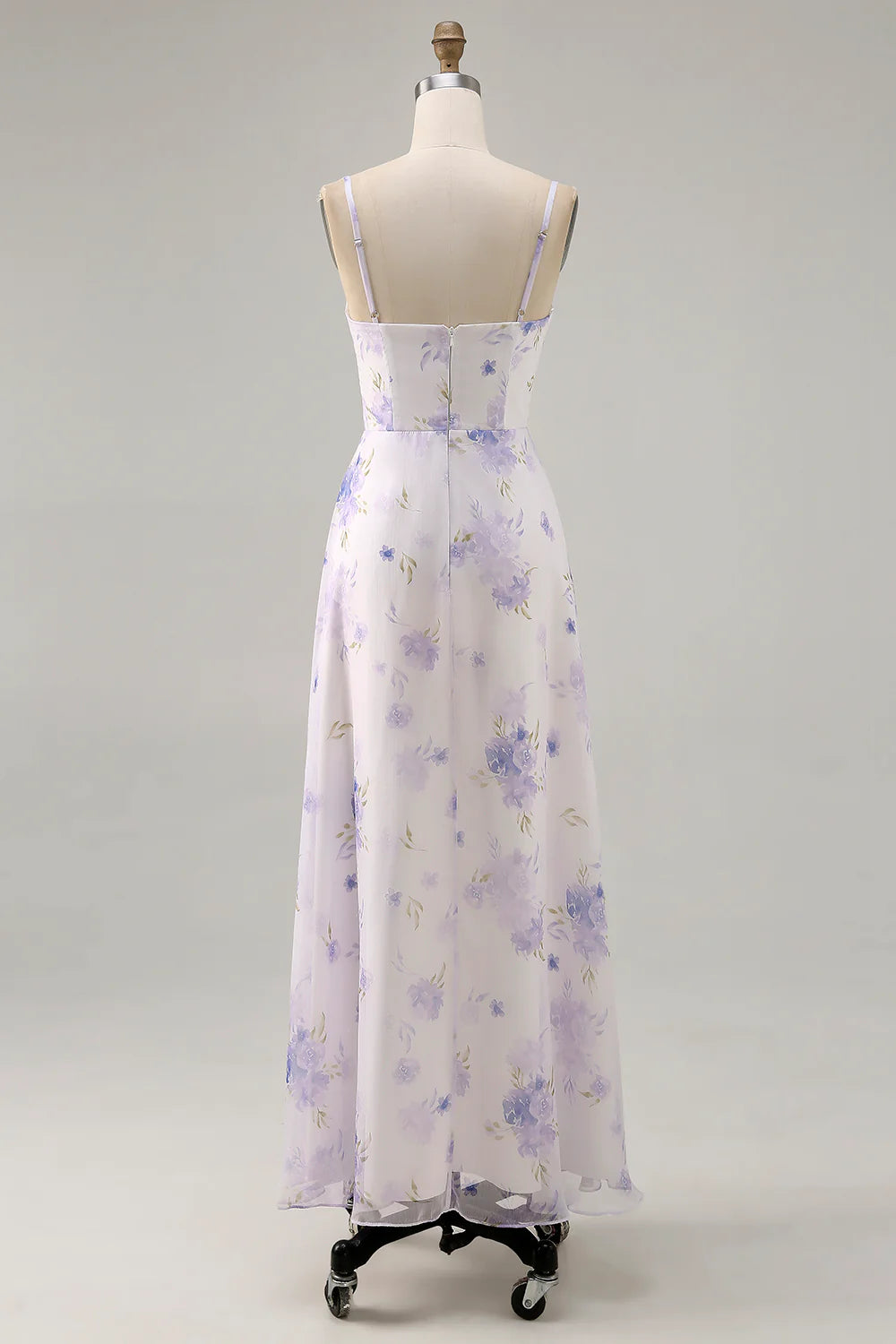 A-Line Spaghetti Straps Cut Out Lavender Floral Dress