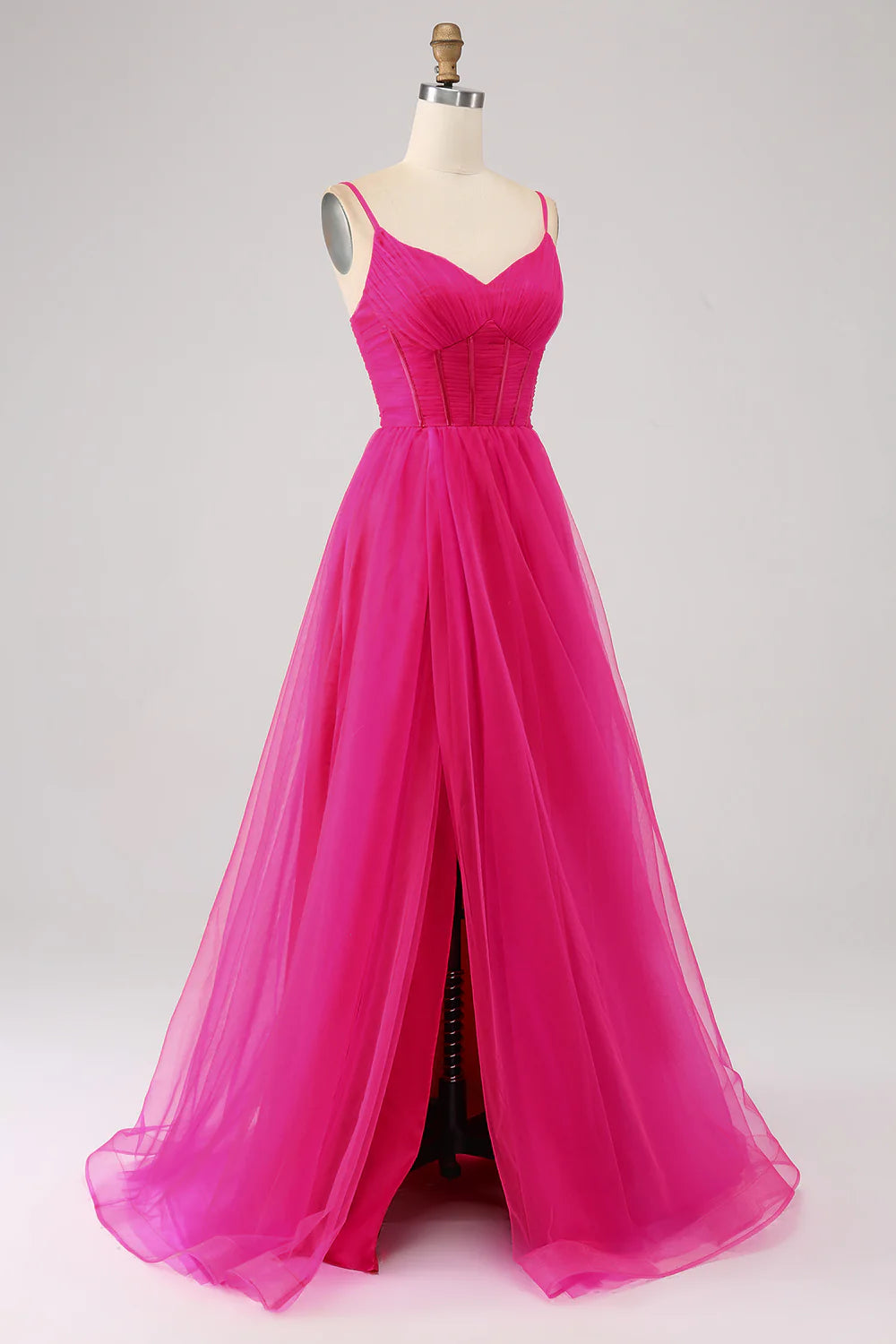 A-Line Spaghetti Straps Long Corset Fuchsia Prom Dress with Slit