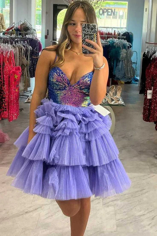 A-Line Spaghetti Straps Ruffles V-Neck Sleeveless Short Homecoming Dress