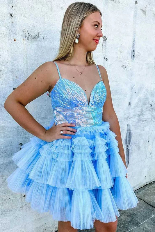 A-Line Spaghetti Straps Ruffles V-Neck Sleeveless Short Homecoming Dress