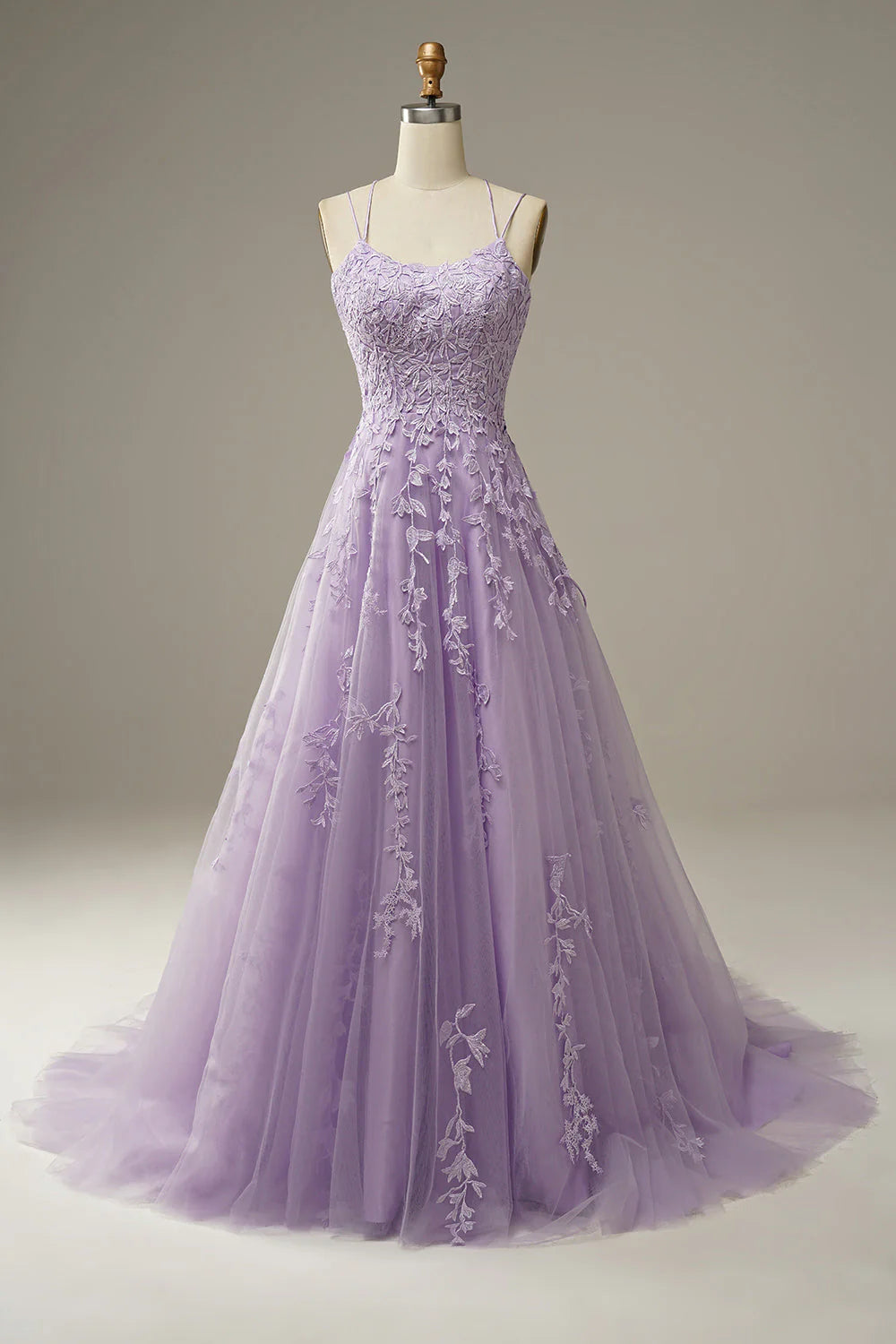A-Line Spaghetti Straps Tulle Long Purple Prom Dress with Appliques