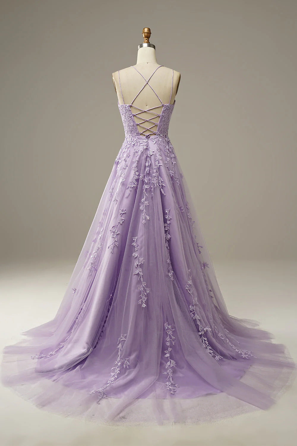 A-Line Spaghetti Straps Tulle Long Purple Prom Dress with Appliques