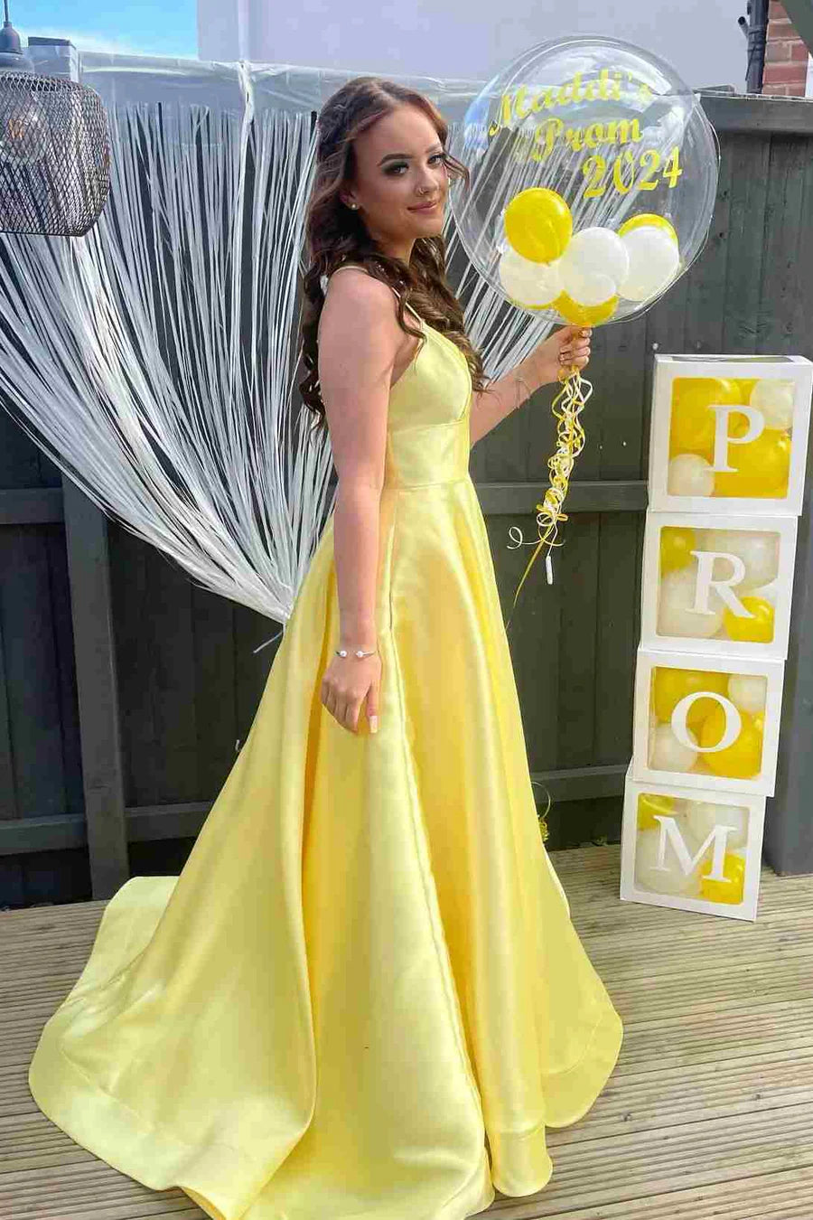 A-Line Spaghetti Straps V-Neck Sleeveless Pleated Satin Long Prom Dress