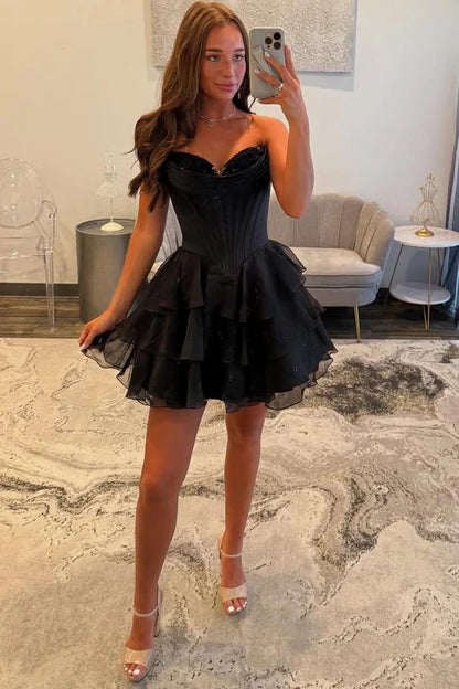 A-Line Strapless Empire-Waist V-Neck Ruffles Short Cocktail Homecoming Dress