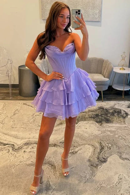 A-Line Strapless Empire-Waist V-Neck Ruffles Short Cocktail Homecoming Dress