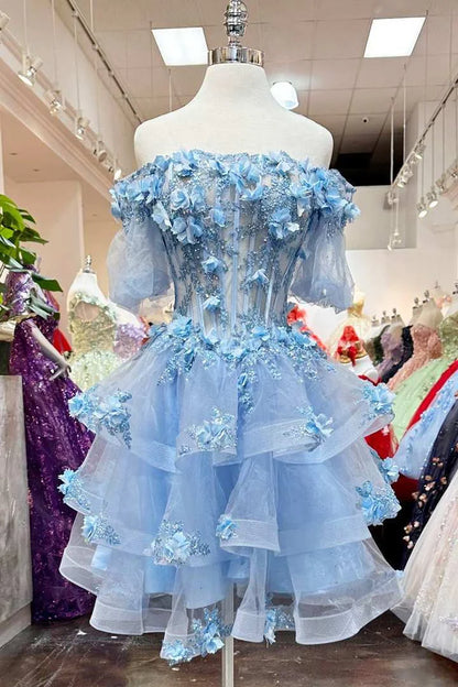 A-Line Strapless Ruffles Lace Appliques Empire-Waist Short Homecoming Dress