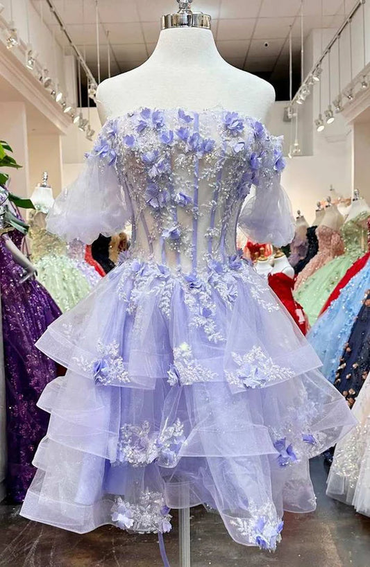 A-Line Strapless Ruffles Lace Appliques Empire-Waist Short Homecoming Dress