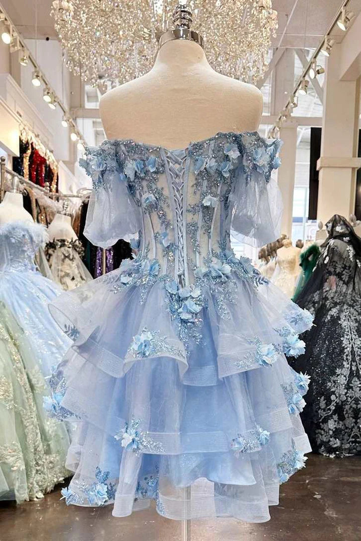 A-Line Strapless Ruffles Lace Appliques Empire-Waist Short Homecoming Dress