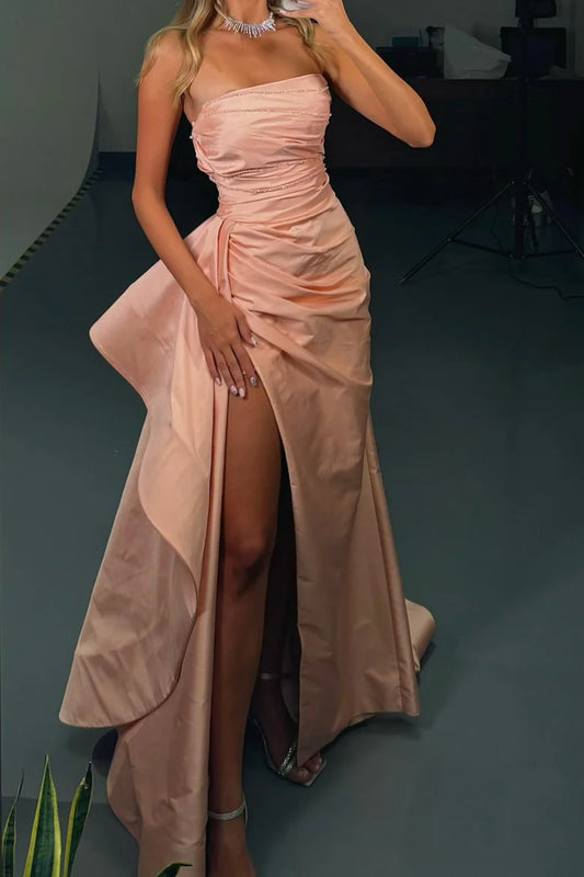 Strapless A-Line Empire-Waist Pleated High Slit Sleeveless Long Prom Formal Dress ﻿