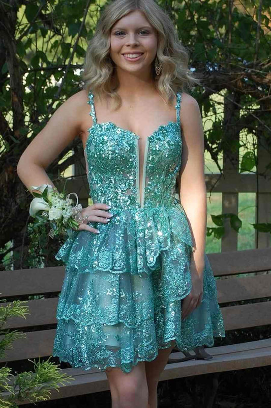 A-Line Straps Deep V-Neck Layered Sequins Appliques Homecoming Dress