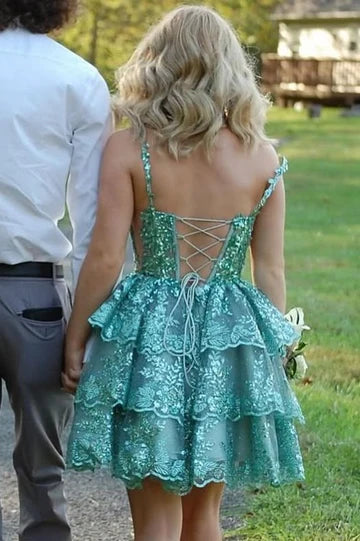 A-Line Straps Deep V-Neck Layered Sequins Appliques Homecoming Dress