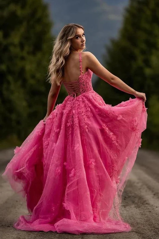 A-Line Straps V-Neck Appliques Empire-Waist Sleeveless Prom Dress